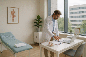 Profissional da saúde preparando o consultório para atendimento em um coworking médico moderno, com maca, mesa organizada, iluminação natural e vista para áreas verdes de Brasília.