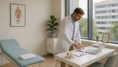 Profissional da saúde preparando o consultório para atendimento em um coworking médico moderno, com maca, mesa organizada, iluminação natural e vista para áreas verdes de Brasília.